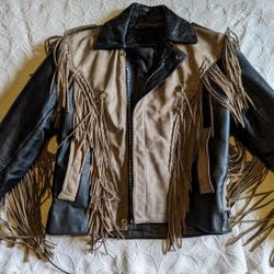 Black Leather And Tan Leather Fringe Motorcycle Chaps And Jacket