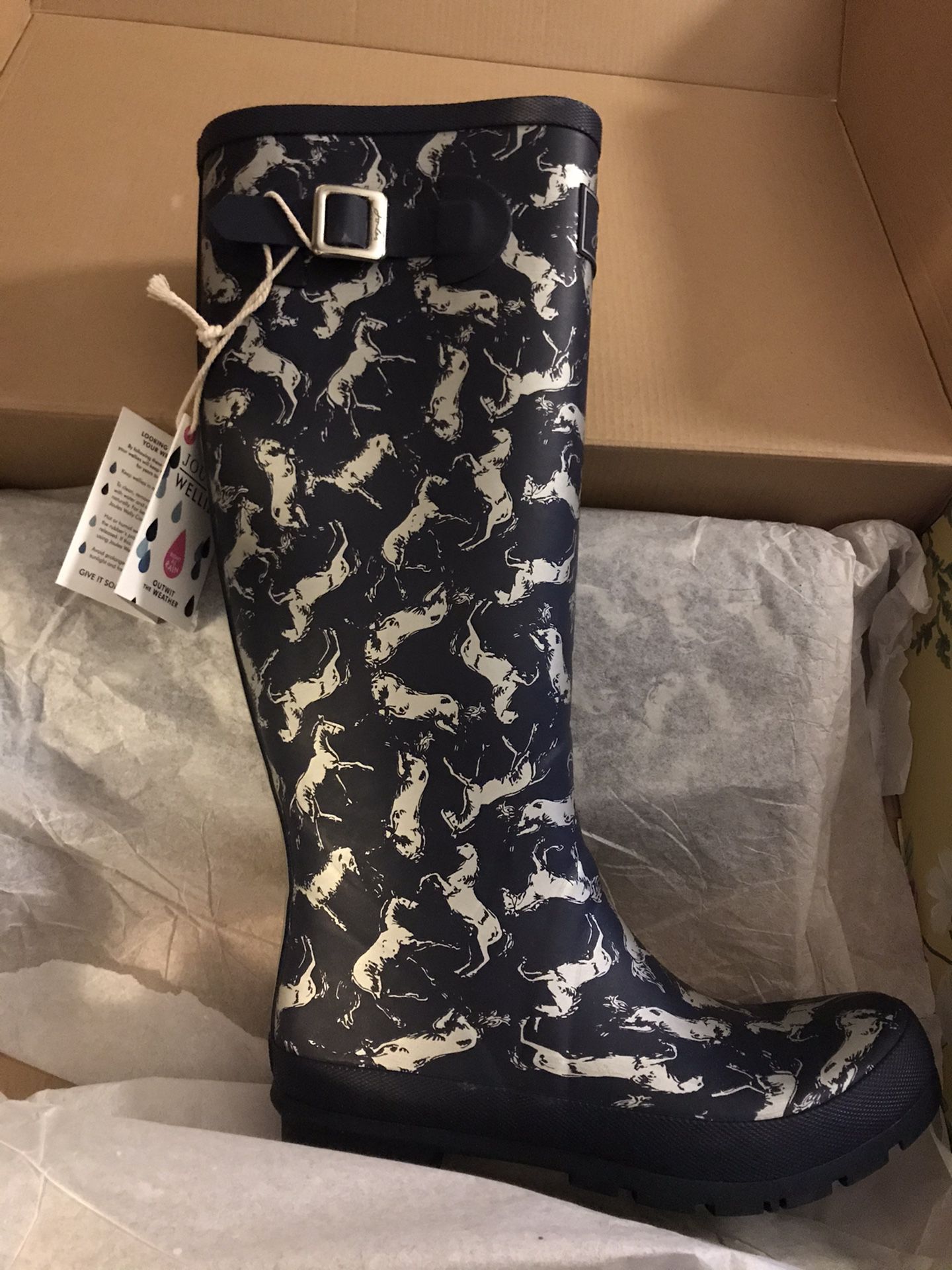 Rain boots navy blue with silver horse prints size 8 65 new