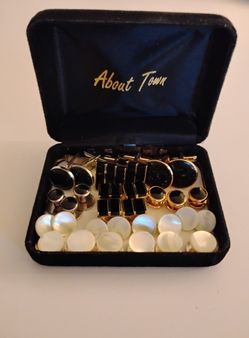 Vintage “About Town” Cufflink & Stud Set – Gold Tone w/ Black & Mother of Pearl