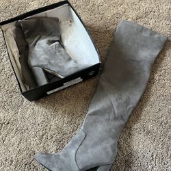 Grey Over The Knee Suede Boots