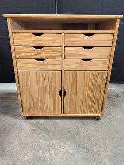 Natural Pine Wood Rolling Storage Cabinet