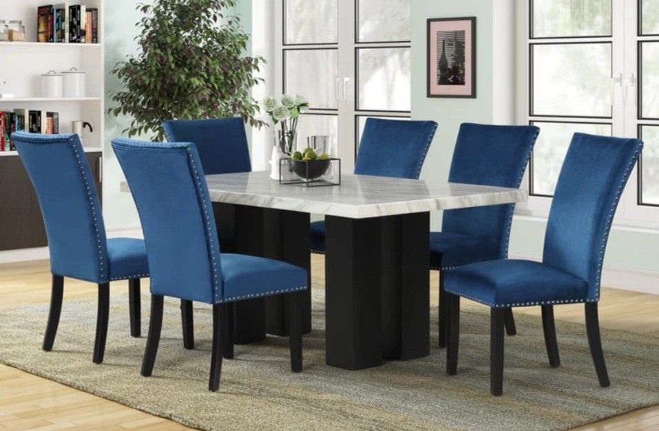 Oslo Blue 7-Piece Faux Marble Dining Set,table And Chairs, Comedor 