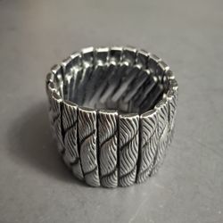 Mid-century Etched Silvertone Wide Expansion Cuff Bracelet- Textured, Wavy Or Woven Design , Made In Japan 1.75"W