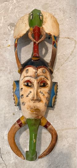 Hand-Carved African Tribal Wooden Mask with Bird & Horn Accents – Wall Art