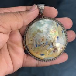 Antique Persian Mother of Pearl Painted Pendant Disc Silver Mounted Vintage