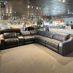 Dark Grey Leather 6PC Power Sectional Reclining 