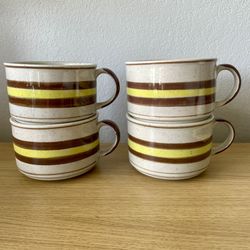 Vtg Stoneware Japan Soup Mugs Chili Bowls Handles Yellow Brown MCM Set Of 4