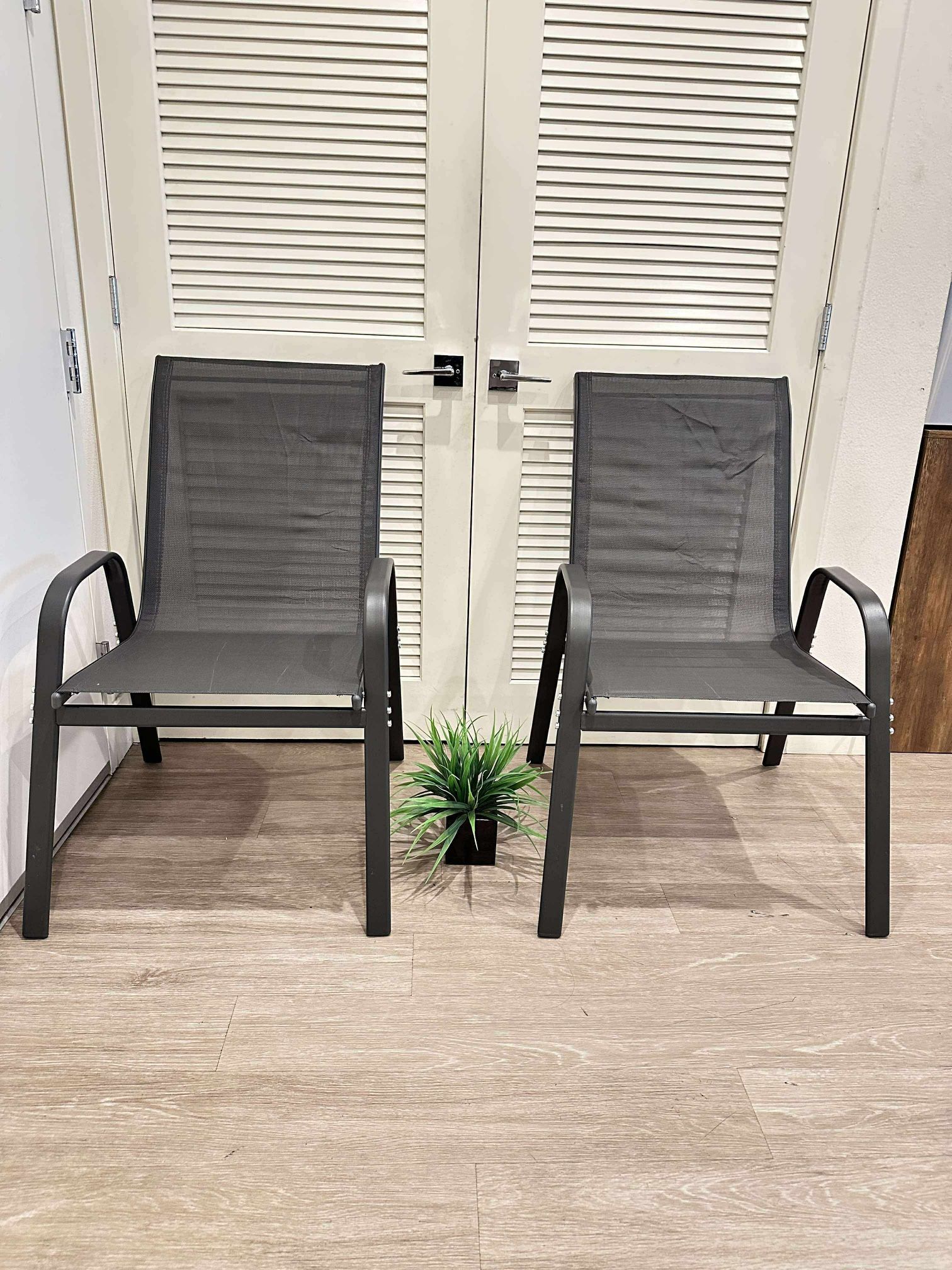 Patio Chairs set of 2,  Stackable Wide Seat and Sturdy Metal Frame, Breathable Grey