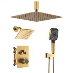 CASAINC 12-inch Thermostatic Shower System Ceiling Mounted 3 Function Luxury Dual Shower Head with Handheld Spray (Brushed Gold)