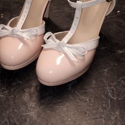 New Rocka-Billy Handcrafted Italian Leather Pink And White Bowtie Kitten Heels