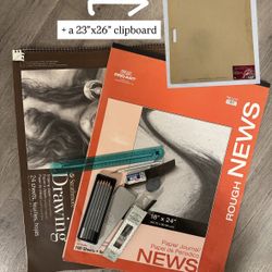 Large Lot of Art Supplies (Newsprint & Drawing Paper, Sketch Clipboard, Graphite Pencils, Vine Charcoal, etc.)
