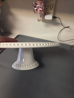 Large white ceramic pedastal cake stand plate platter with beaded edge