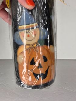 Hand Painted Halloween Scarecrow Pumpkin Pillar Candle Primitive Folk Art Black
