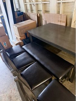 6 pc  Dark Grey finish wood dining table set black padded seat chairs and bench