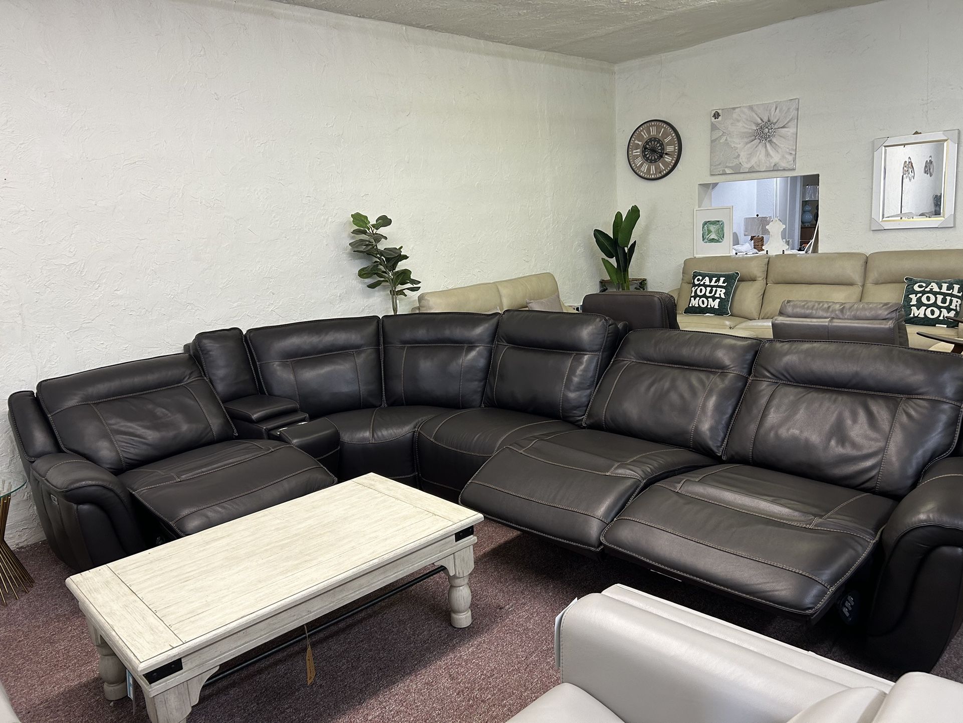 100% Real Leather 6 Pc  Sectional With 3 Power Recliners- Lenardo