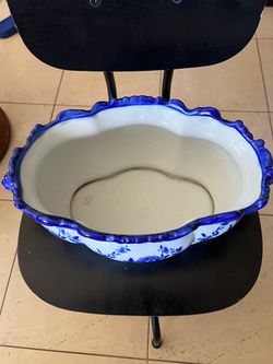Chairish Large Blue and White Floral Plant Vessel