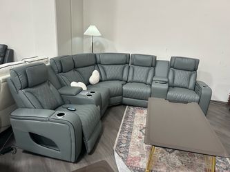 Gray Leather LED Power Reclining Sectional Sofa W/Speakers
