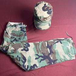 Vintage Y2K Army Pants Cargo & Cap  Camo Camouflage Ripstop Combat A017 Lot Of 2