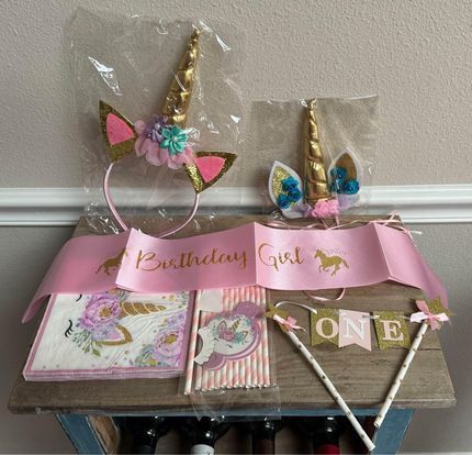 Girls First Birthday Decorations Sash Headpiece Napkins Cake Topper etc just $5 for All xox