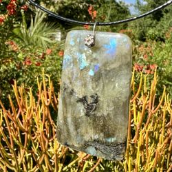 PENDING - Gray Green Labradorite Natural Stone Pendant Necklace Silver Tone Black Cord with Magnetic Clasp