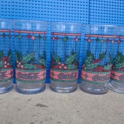 Vtg Coca-Cola Tiffany Style Stained Glass Holly Berry Holiday Tumblers Set of 5