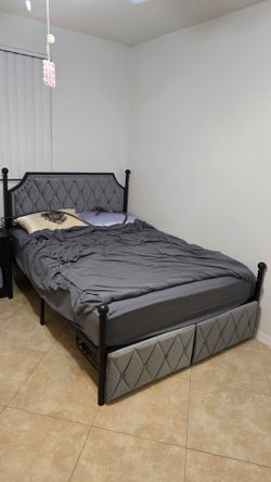 DESPERATE! Full sized bed frame with mattress, bean bag chair, and nightstand OBO
