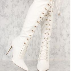 New Sexy Thigh High Over The Knee Women's Front Lace Up Boots 6.5, 8.5 White Shoes Ami Clubwear Sue-9