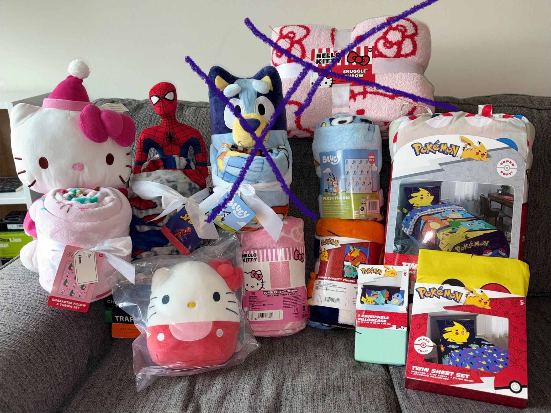 Brand New Kids blankets, plushies, and squishmallow dolls-Hello Kitty, Spider-Man, Pokémon, & Bluey!