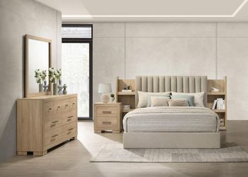 Bedroom set 4 pc Light Oak finish, Light Tan fabric, New Especial  price