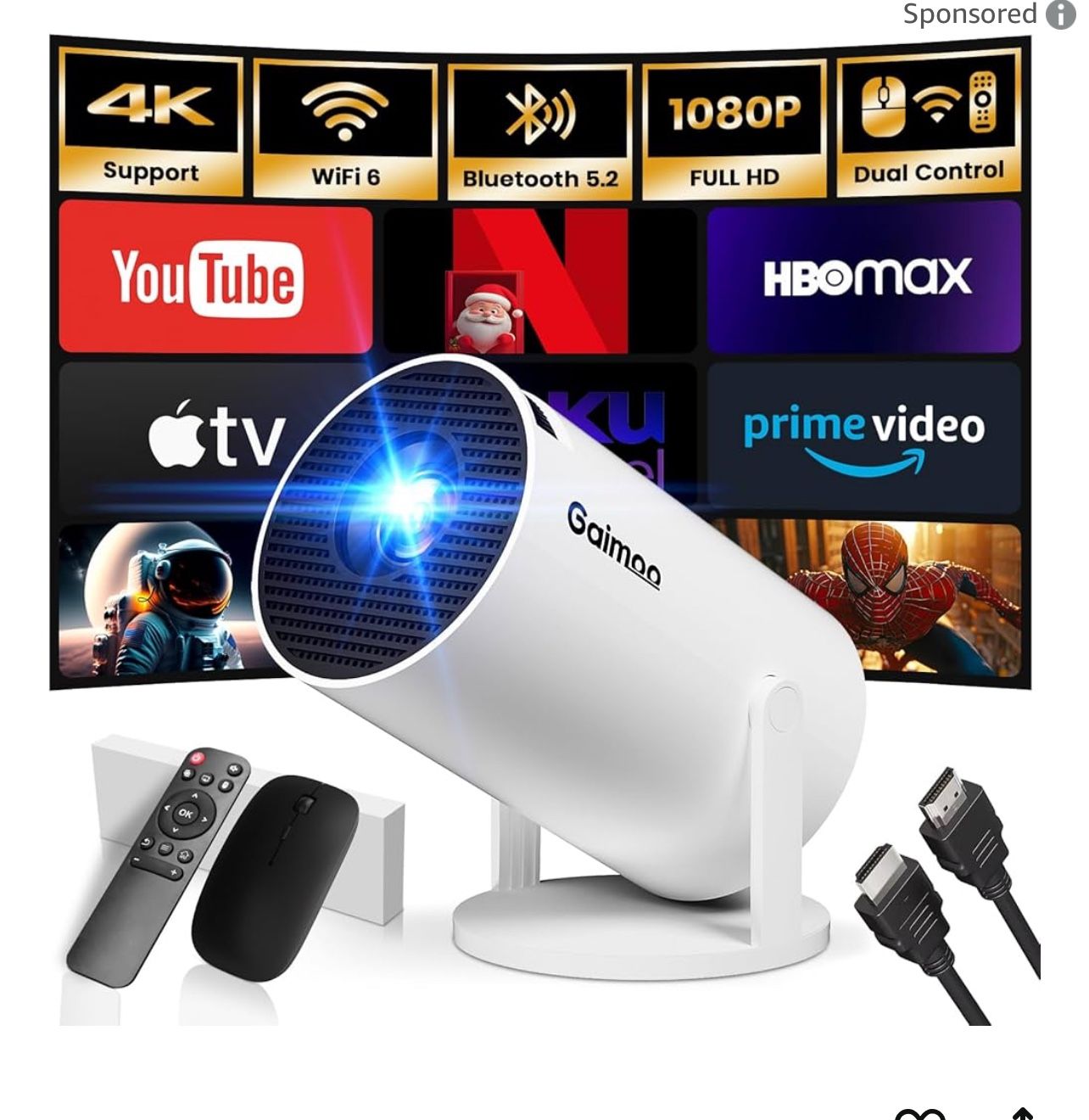 Brand: Gaimoo 5 stars (1,610) [Built-in App] Mini Projector 2025 Upgraded 1080P FHD 4K Support Projector with Mouse Portable Projector 