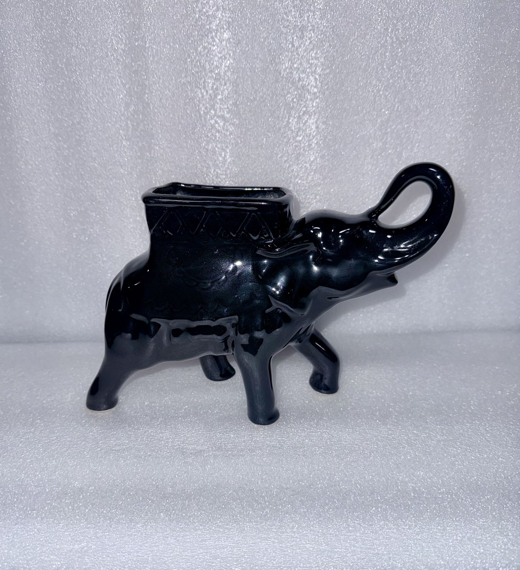 Vintage Glossy Black Ceramic Elephant Planter