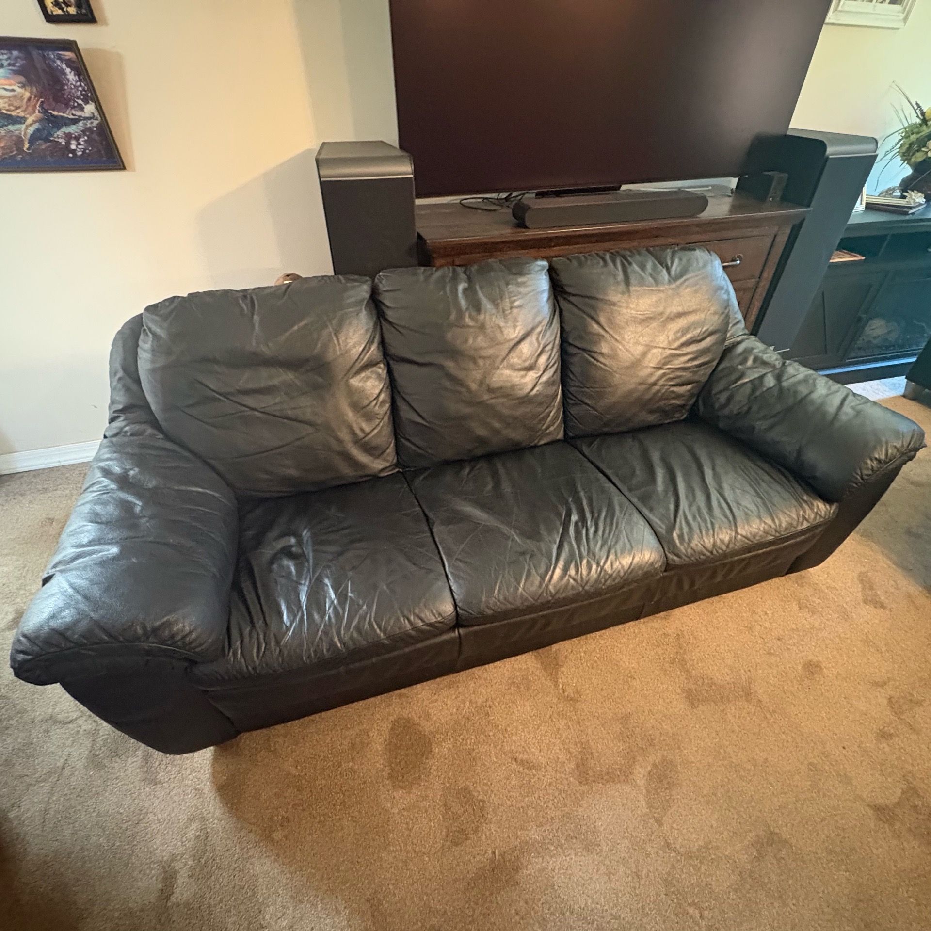 Black leather sofa 3 seat 6 1/2ft