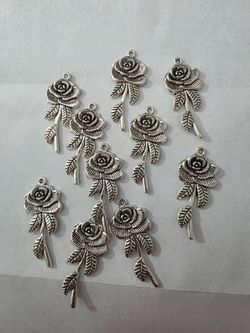 Silver Rose Flower Charms – Set of 10
