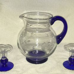 Princess House Cobalt Blue And Clear  Glass Pitcher And Candle Holders