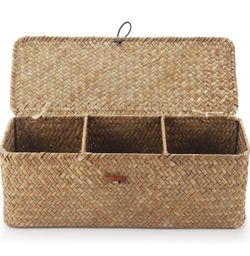 Seagrass Storage Basket with Lid Rectangular Small Woven Shelf Baskets with Sections for 