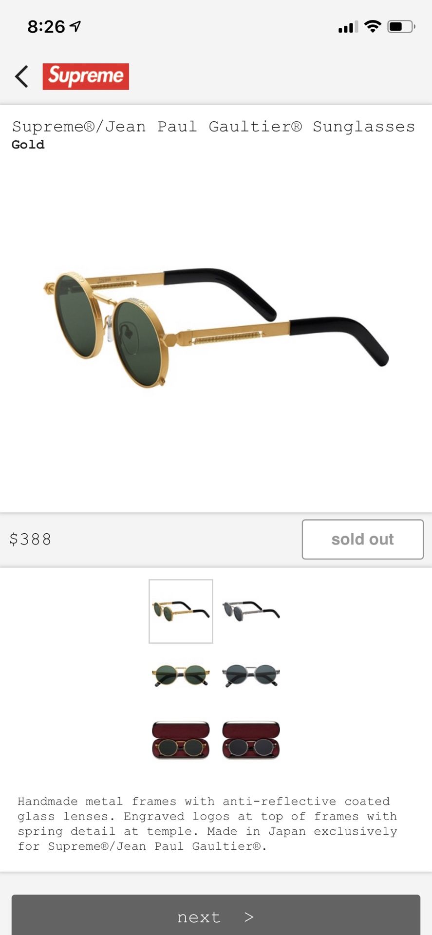Supreme jean paul gaultier sunglasses gold cheap
