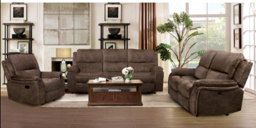 Brand New Super Plush Brown 3pc Reclining Sofa Set