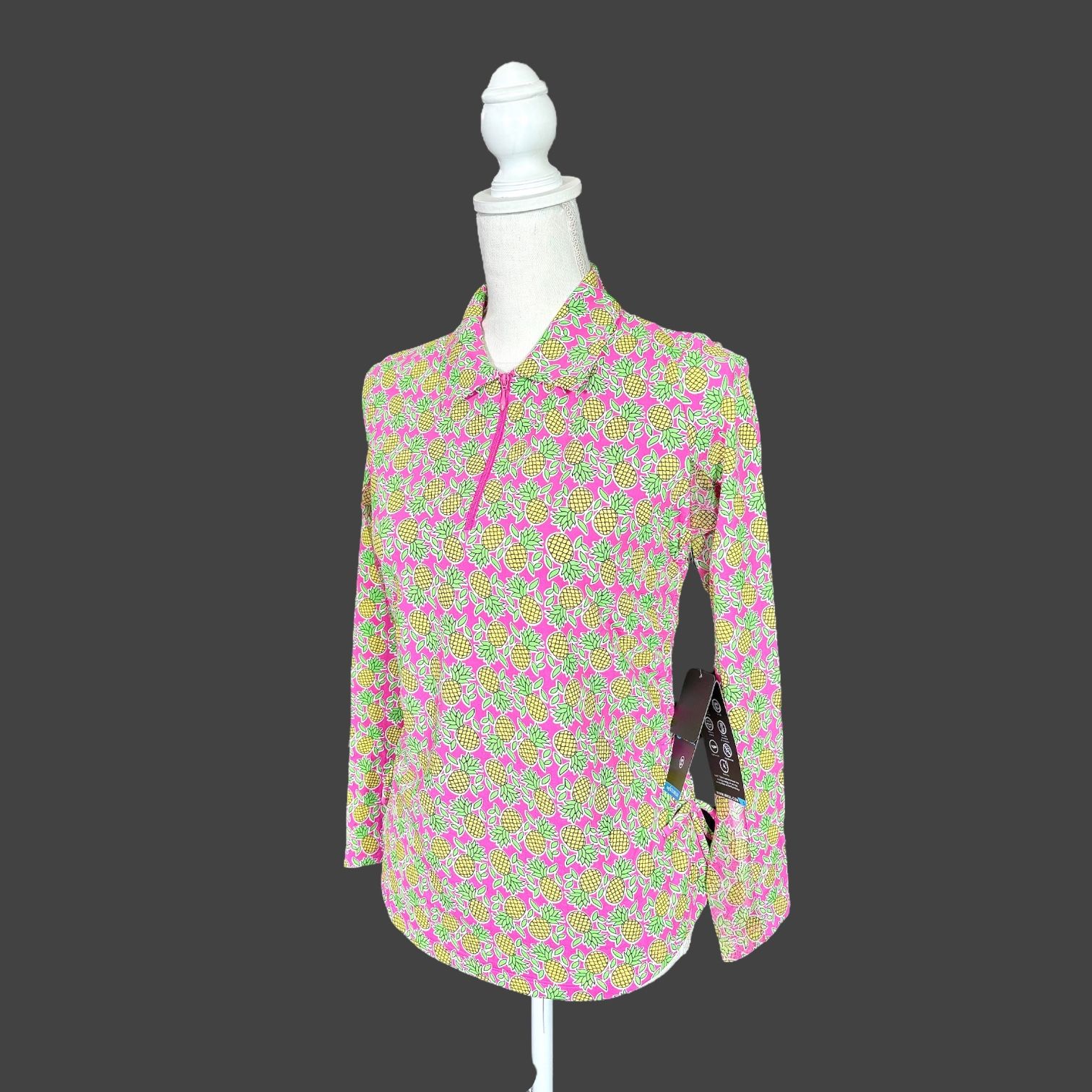 IBKUL Women’s Chantal Zip Long Sleeve Adjust Drawstring Pineapple Shirt Sz S