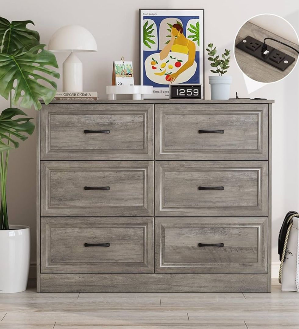 6 Drawer Wide Dresser Organizer with Charging Station, Dresser for Hallway, Wood Dresser with Metal Handles, Ash Grey