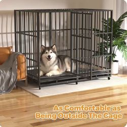 54 Inch Heavy Duty Dog Crate, Indestructible Escape-Proof Dog Kennel for High Anxiety Large Dogs, Strong Metal Pet Cage with Double Doors, Lockable Wh
