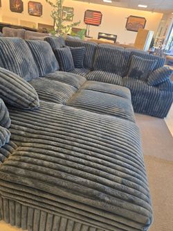 Large Gray Corduroy Sectional Sofa with Chaise
