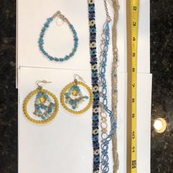 Blue and yellow boho earrings choker necklaces and bracelet lot
