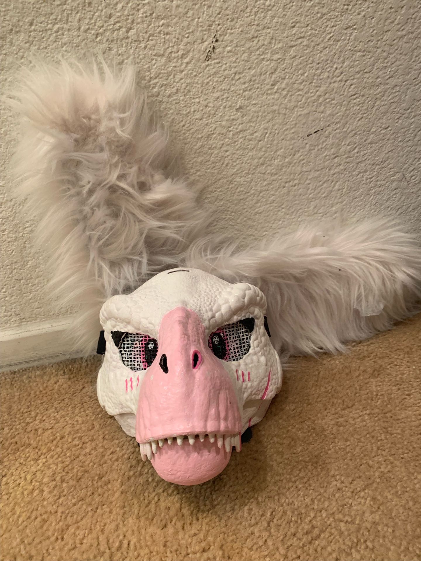 White And Pink Furry Dino Mask