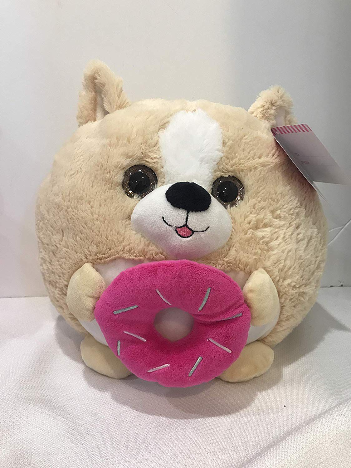 Hugme 11" Plush Stuffed Round Animal Squishy Toy Dog Holding Pink Dounut Love Valentines Day Brand New