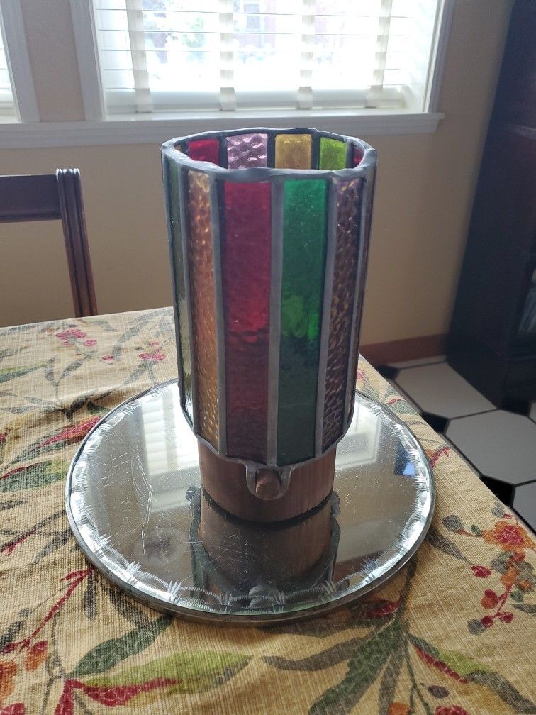 Vintage MCM Stained Glass Candle Holder: Red/Green/Amber/Purple