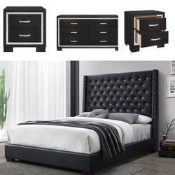 New 2 Nightstands And Crystal Tufted Queen Bed Frame With Dresser 