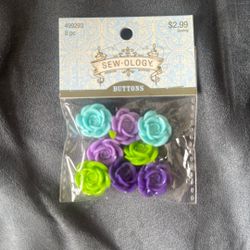New Sew•ology 8 Piece Purple Blue Green Flower Buttons
