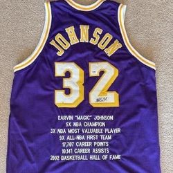 LOS ANGELES LAKERS MAGIC JOHNSON LIMITED EDITION STAT BASKETBALL JERSEY – AUTOGRAPHED – PSA  