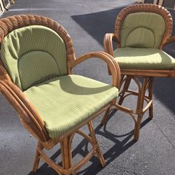 Two Beautiful Rattan And Wood Bar Stools With Cushions