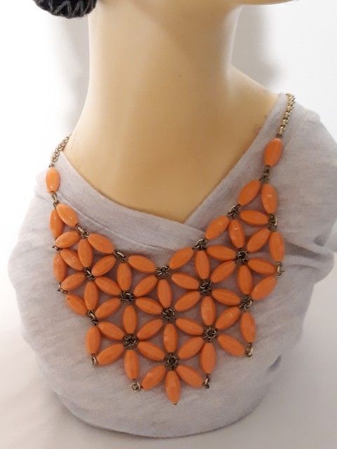 J. Crew Acrylic Orange Beads And Brass Geometric Statement Bib Necklace